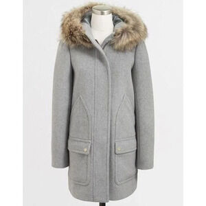 J. Crew Vail Faux Fur Trim Hooded Parka Coat Wool Blend Style E3931 Size 4 Gray